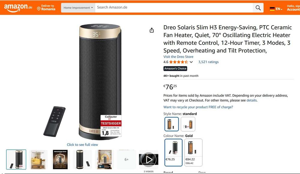 Incalzitor Electric Dreo Solaris Slim H3 Portabil PTC Ceramica