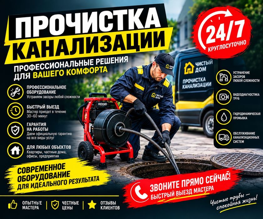 Прочистка канализации, устранение засоров сантехник крот
