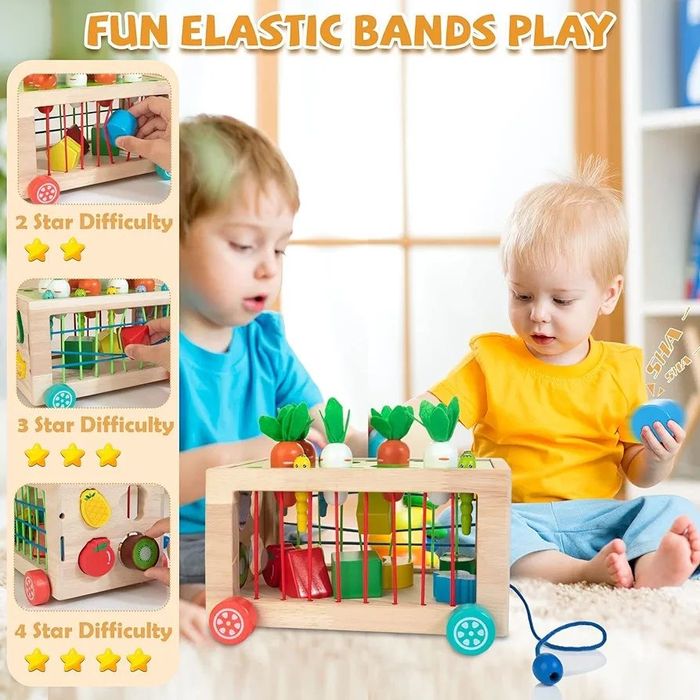 Дървена играчка куфар Монтесори 6в1 за двигателни и сензорни умения