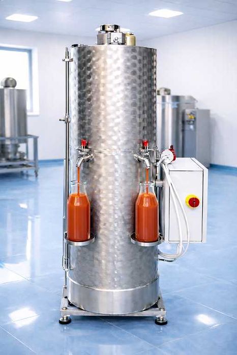 Linie productie suc natural din rosii, mere, pere, gutui - spalator, tocator, desamburitor, presa, pasteurizator electric cu umplere in sticle/pungi