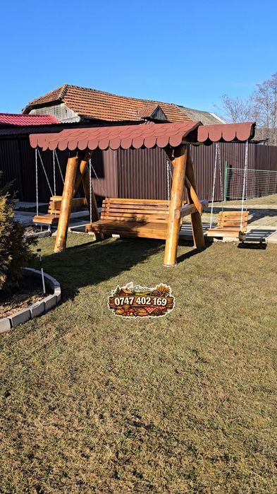 Balansoar  rustic  cu 2 leagăne  pentru copii  din lemn  masiv  set masa scaun