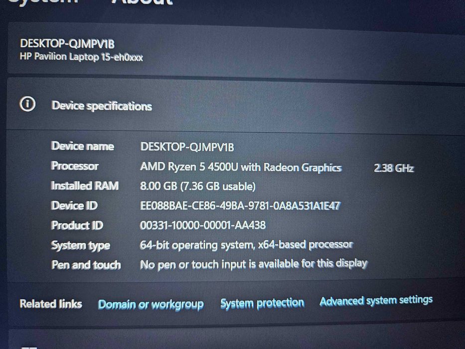 HP pavilion 15 8GB RAM Ryzen 5 4500U AMD Radeon Graphics