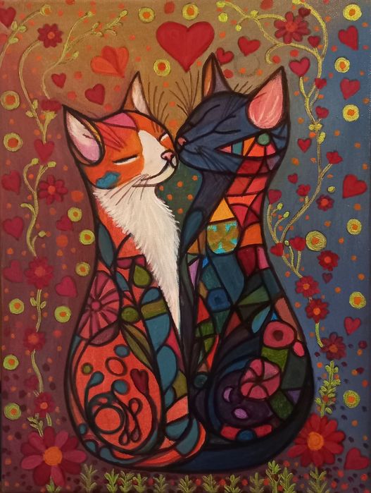 Tablou pictat manual Pisici îndrăgostite 30x40 cm