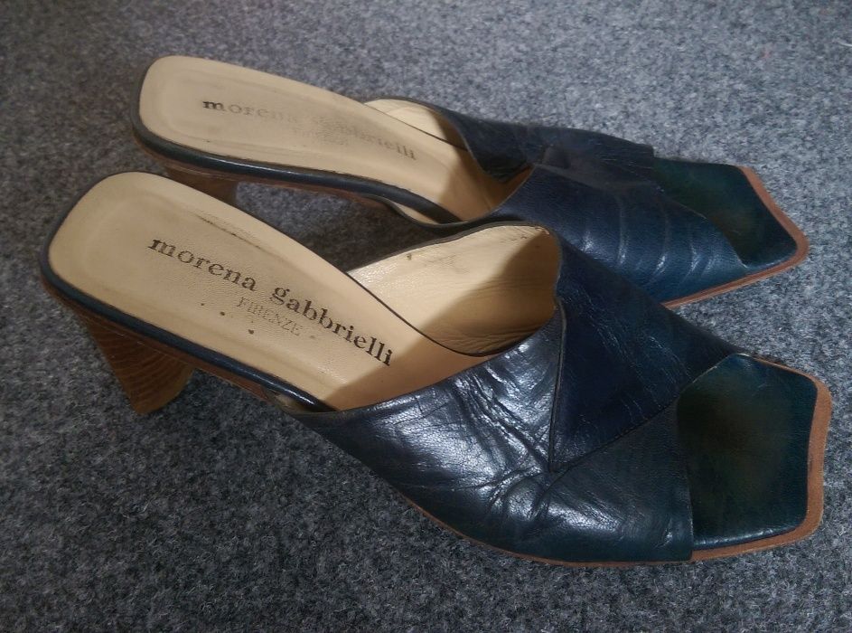 Papuci cu toc, piele, navy