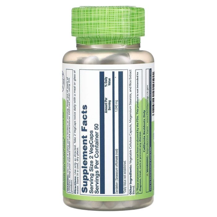 Одуванчик True Herbs Dandelion, Solaray 1040 мг(520мг на капсулу) 100
