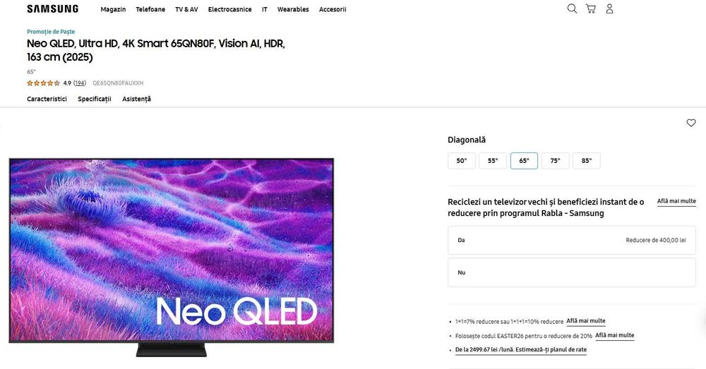 Samsung Neo QLED, Ultra HD, 4K Smart 65QN80F, Vision AI, HDR, 163 cm NOU! Garantie 2 ANI!