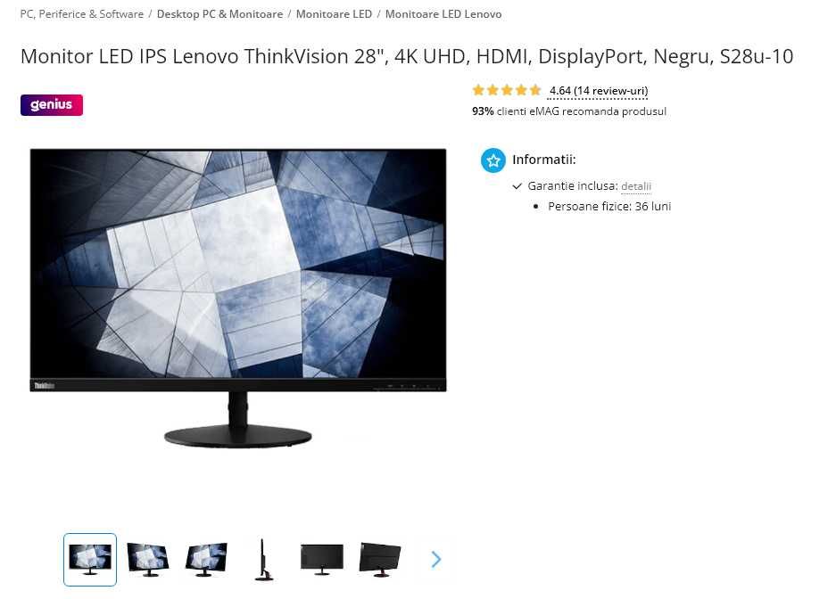 Monitor WLED 4k UHD Lenovo ThinkVision S28u-10