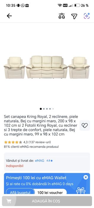 Când/ Schimb Canapea + 2 fotolii Royale Kring cu reclier