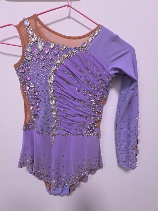 Costum gimnastică ritmică premium, 8–9 ani, cristale