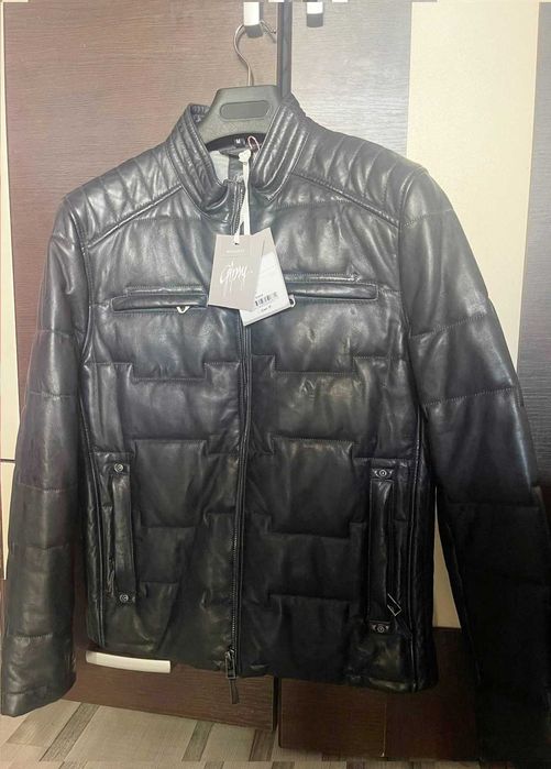 Haina piele naturala, geaca barbati, baieti, culoarea gri inchis - M