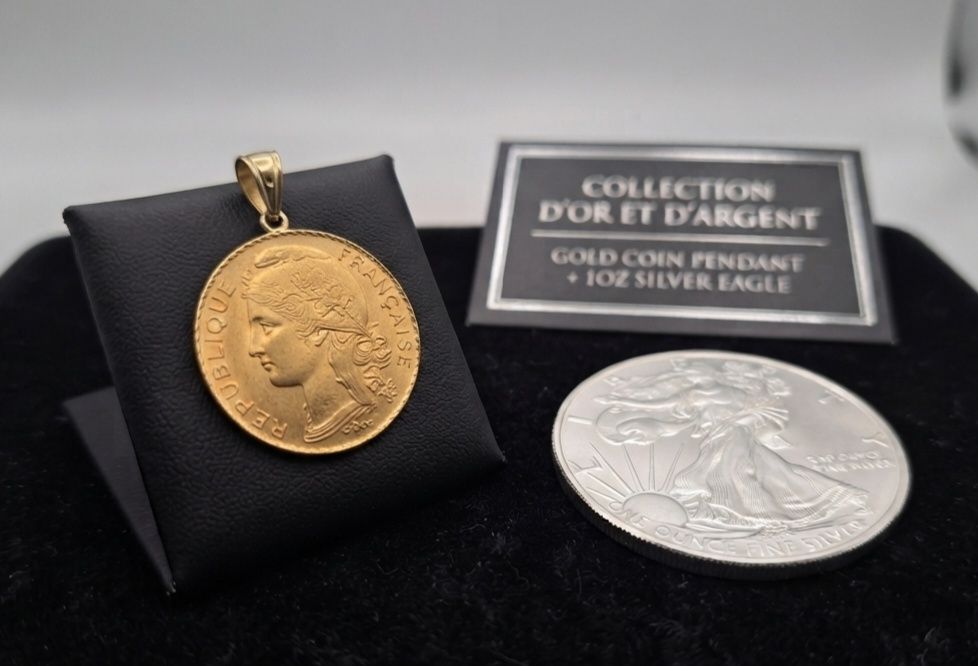 Vand medalion 22k, 7 g + 1 uncie moneda argint pur CADOU