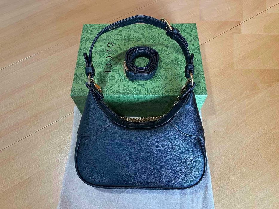 Чантa Гучи Оригинална Две Дръжки GG Лого Aphrodite Черна Кожа Gucci