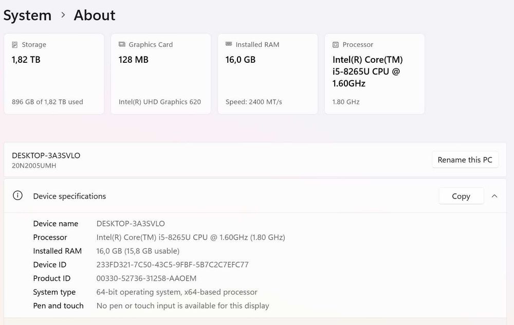 Laptop Lenovo ThinkPad T490 / Intel i5-8265U / 16GB RAM / SSD 2TB Samsung 990 EVO Plus / 14" FHD / Windows 11 Pro