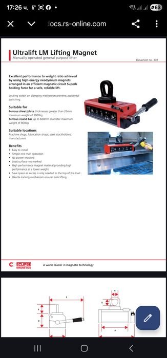 Eclipse Ultralift LM0125 е мощен магнитен повдигач магнит 125кг
