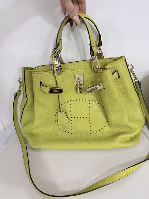 Geantă piele naturală verde lime, model Hermès Evelyne/Birkin, cu bareta