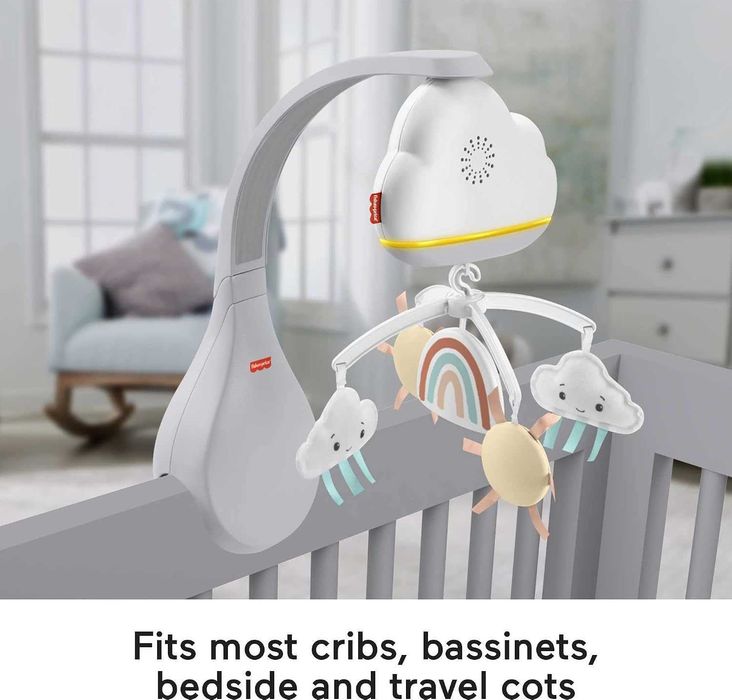 Fisher-Price Rainbow Showers – Музикална въртележка за кошара и успокояваща нощна лампа