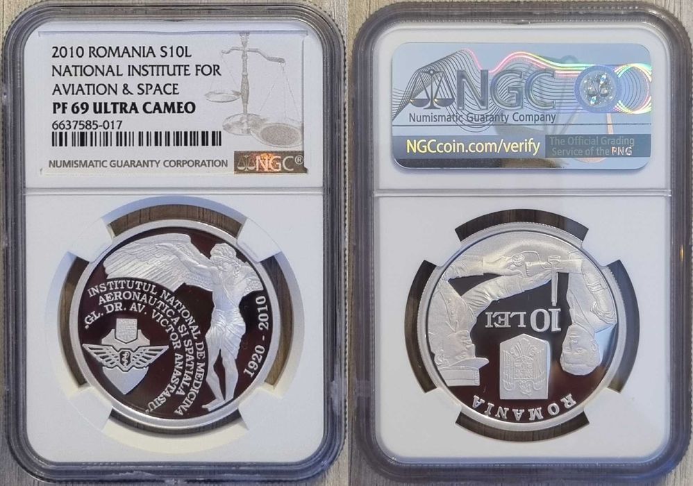 Moneda BNR 10 lei argint Med Aeronautica Spatiala gradata NGC PF 69