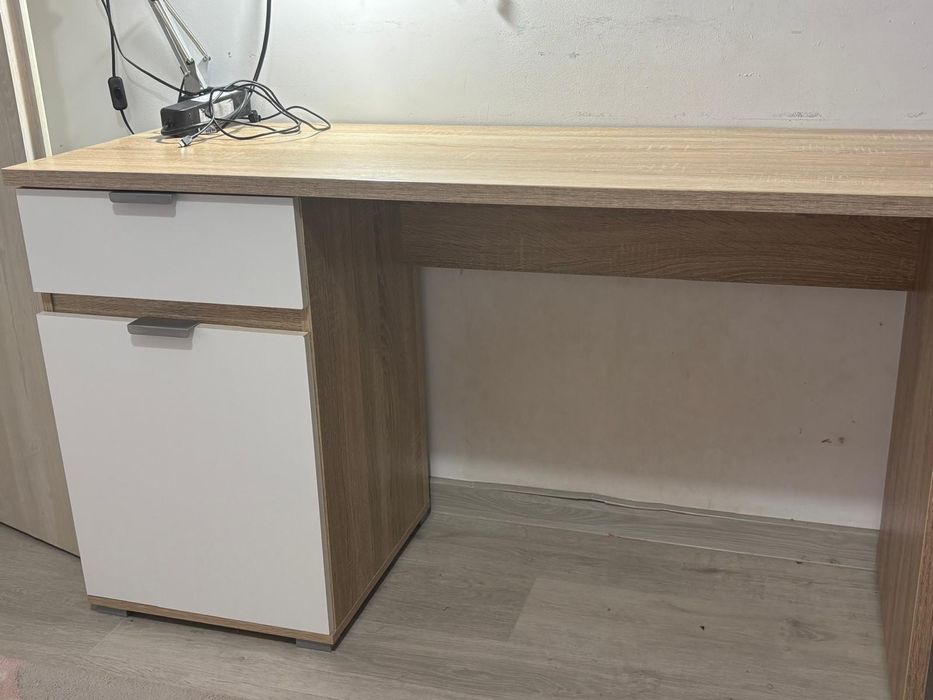 Birou cu sertar si dulap stejar/alb mat, 130x50x75.5 cm