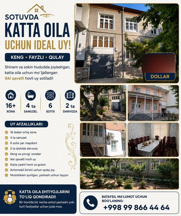 Fayzli va barakali honadon sotiladi 6sotik.Manzil algoritm sayqal kafe