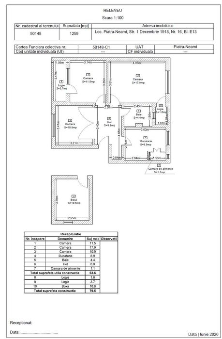 Apartament 3 camere + boxă, 79,5 mp construiți, etaj 2/4, zona 1 Decembrie 1918, Piatra-Neamț