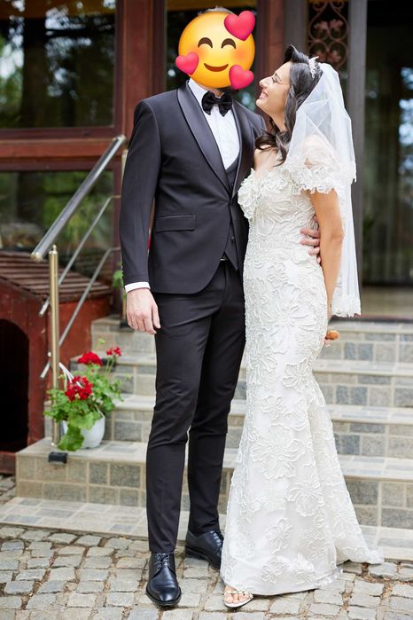 Rochie decoltată de mireasă tip sirenă, model floral 3D (S/M, 36-38)