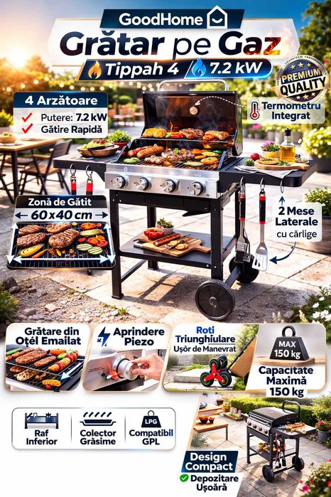 Gratar pe gaz GOODHOME TIPPAH 4 – 4 arzator, 7.2 kW, putere mare