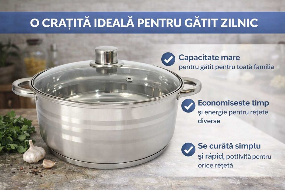 Cratita inox 9.1L cu capac din sticla pentru gatit