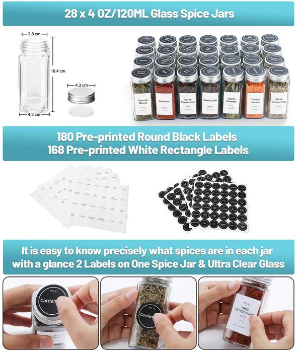 Органайзер за подправки с 28 буркана поставки за чекмедже етикети