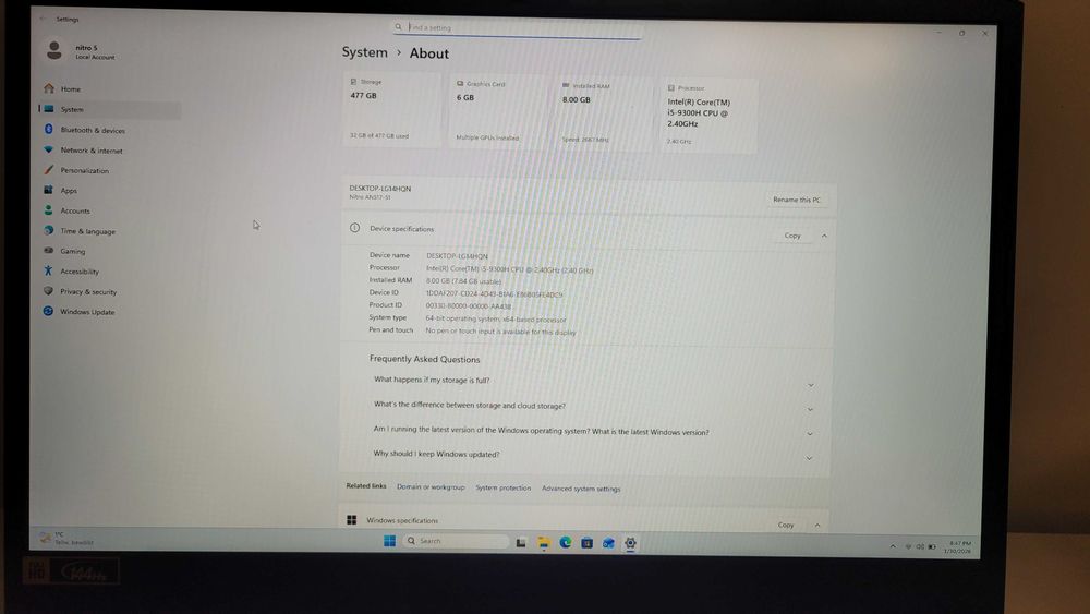 Laptop gaming Acer Nitro 4 | i5 | GTX 6GB | 500GB SS