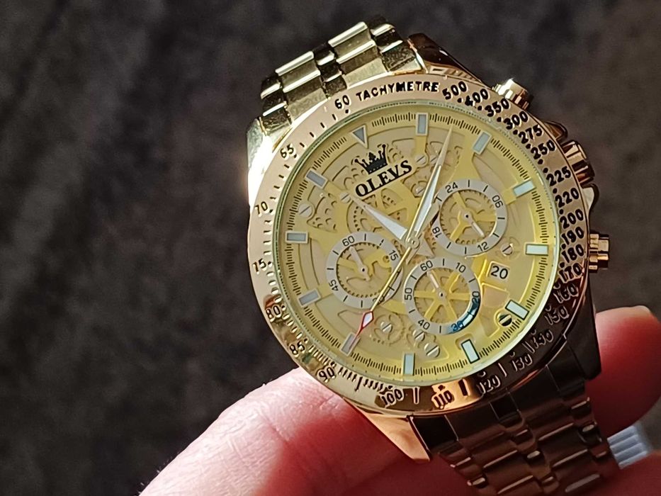 OLEVS Хронограф Многофункция Кварц,Скелет, Hollow Out,HD Светещ,3 АТМ