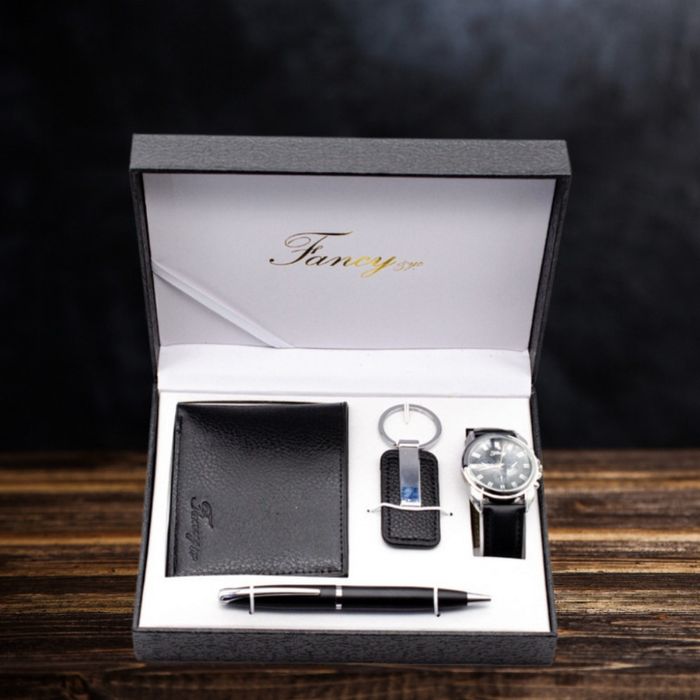 Елегантен мъжки комплект – Часовник, портфейл, химикал и ключодържател
