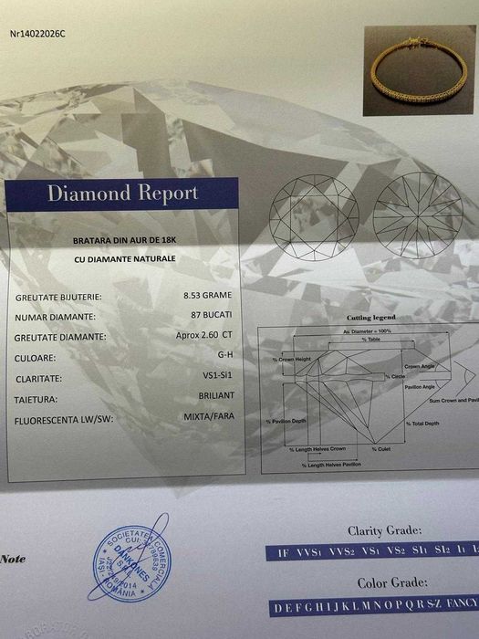 BRATARA AUR 18K + 87 Diamante = 2.60CT - 8.6g. - Model TENNIS !