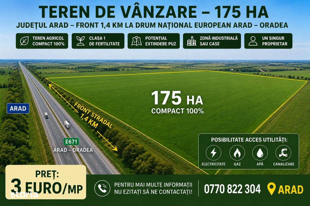 Vand teren Agricol Compact 100 la 100 la 16 Km de Arad 175 ha !