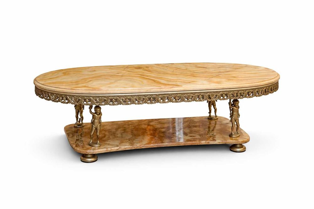 Masă de cafea din onix și bronz, cu sculpturi decorative