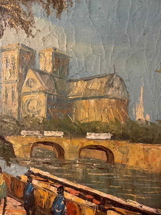 Tablou vechi ulei pe panza - Peisaj urban cu catedrala si rau, 47 x 57 cm, cu rama