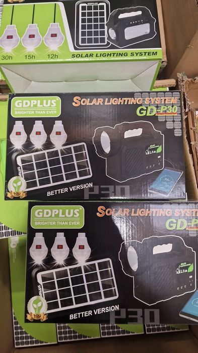 Sistem de iluminat solar GDPLUS, 3 becuri, lanterna, 24W, USB, GDP30