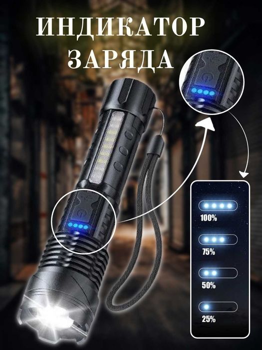 Фонарик металлический, 7 режимов, телескопический зум, Type-C