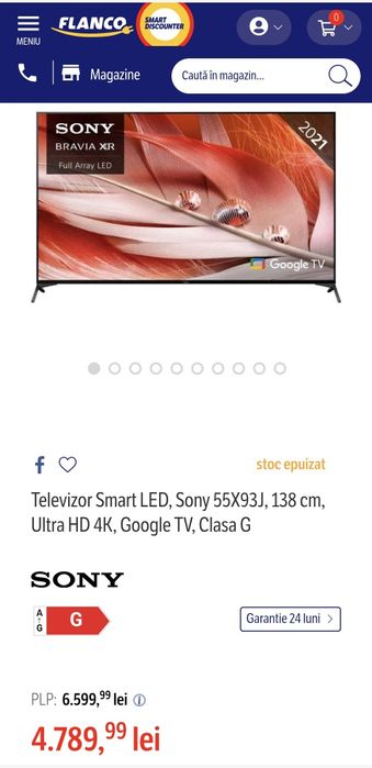 Televizor Sony LED 55X93J, 138.8 cm, Smart Google TV, 4K Ultra HD, 100