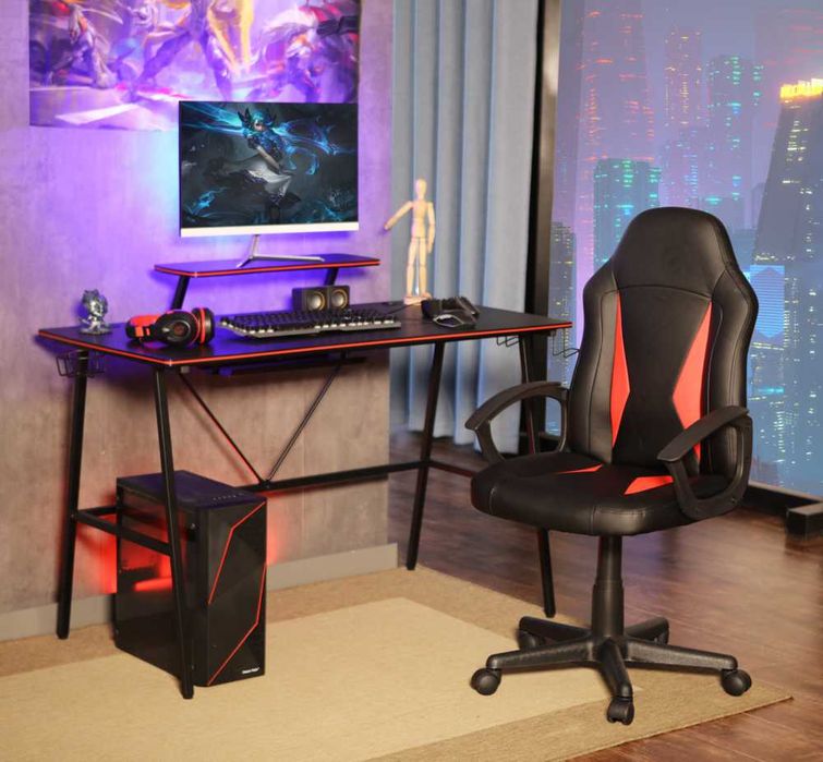 Scaun de gaming căptușit HappyHome negru și roșu