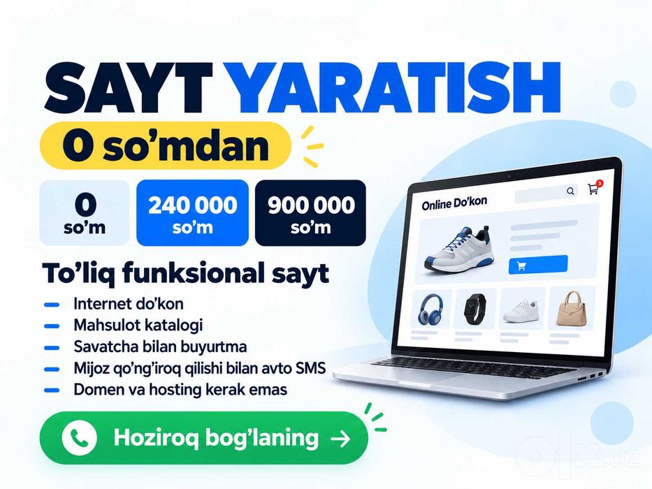 Bepul Sayt Yaratish -  900ming so`mdan