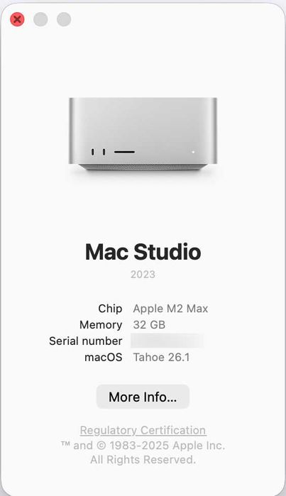 Apple Mac Studio M2 Max, 12 CPU ядра, 30 GPU ядра, 32GB RAM, 512GB SSD