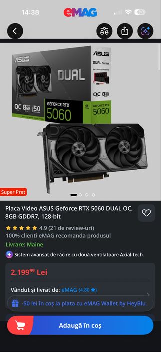Placă video ASUS Dual GeForce RTX 5060 OC Edition 8GB GDDR7 PCIe 5.0 – Garanție EMAG 36 luni