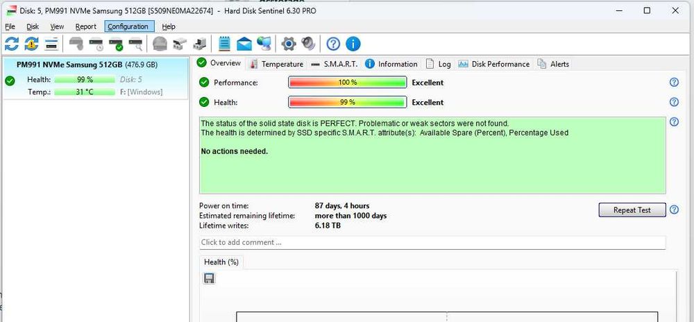 SSD 512GB NVMe M.2 2230 / 2280  SSD M.2 2230 Samsung PM991 99% 87zile, 6TB scris