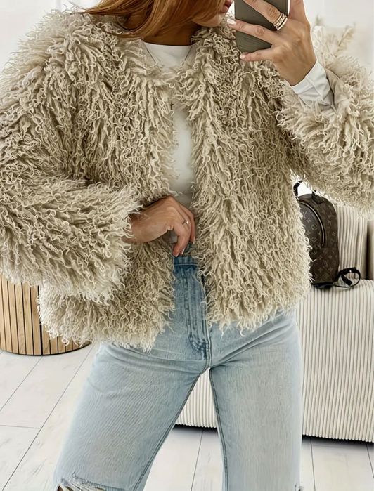 Пухено палтенце цвят Каки