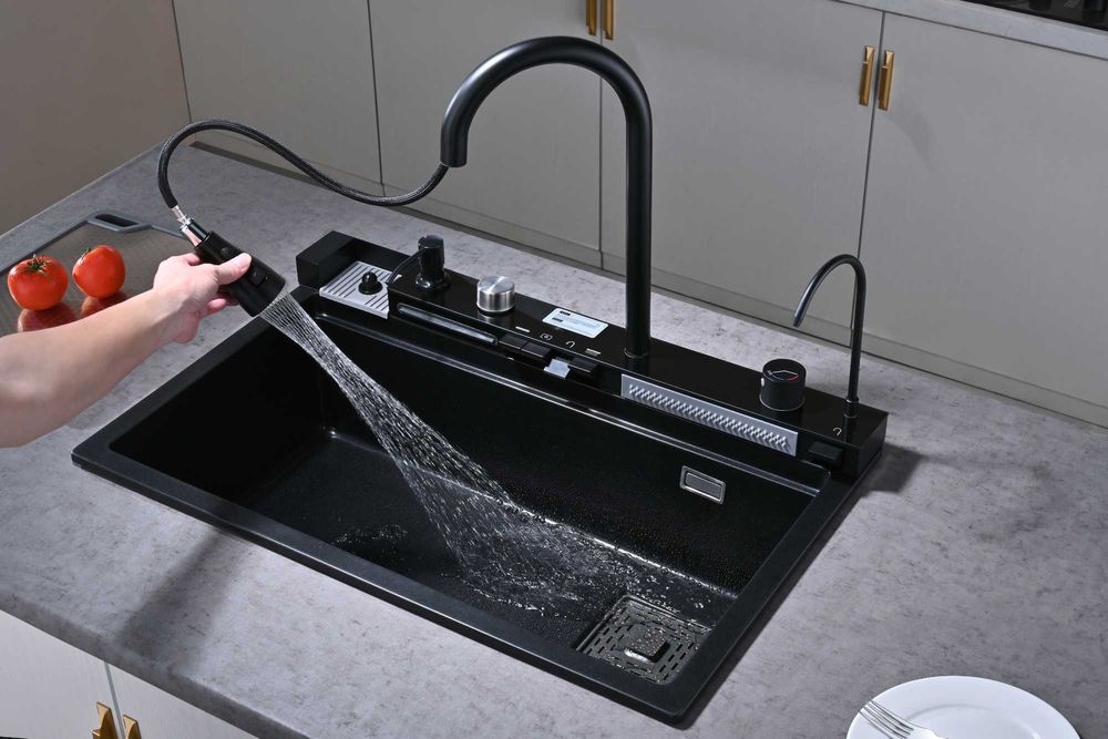 Черна гранитна мултифункционална кухненска мивка с двоен водопад
