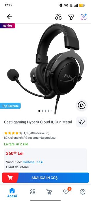 Căști gaming HyperX Cloud ll,mufă jack,cu microfon