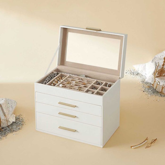 Cutie de bijuterii Songmics, 4 nivele, capac sticla, alb-auriu