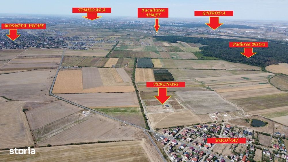 Terenuri intre Mosnita si Bucovat, cu gaz, apa, curent– 62 euro/mp+TVA