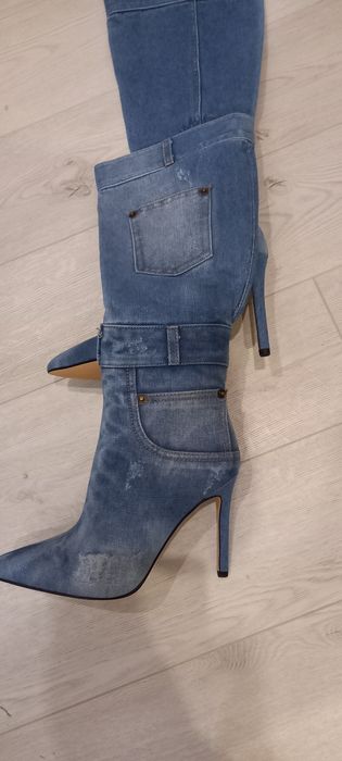 Дамски ботуши, висок ток от деним
