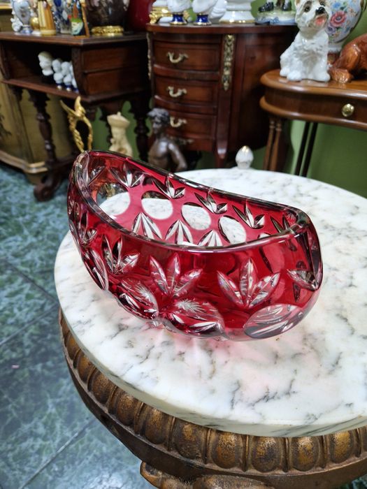 Уникална антикварна колекционерска кристална купа бомбониера Бохемия